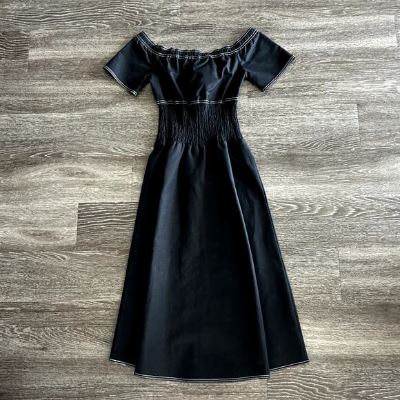 NWOT Maje Relera Black Off-Shoulder Zip Midi‎ Dress Size Small (1) Smocked Waist - Picture 4 of 15